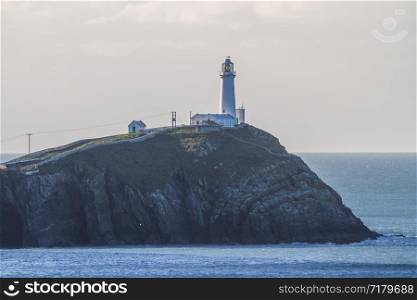 South Stack rock and lighthouse from the North. Holyhead, Anglesey, North Wales, UK, landscape.