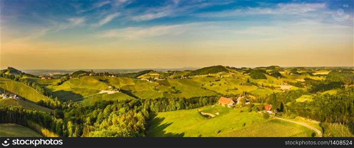 South styria vineyards aerial panorama landscape, near Gamlitz, Austria, Eckberg, Europe. Grape hills view from wine road in spring. Tourist destination, travel spot.. South styria vineyards aerial panoram landscape, Grape hills view from wine road in spring.