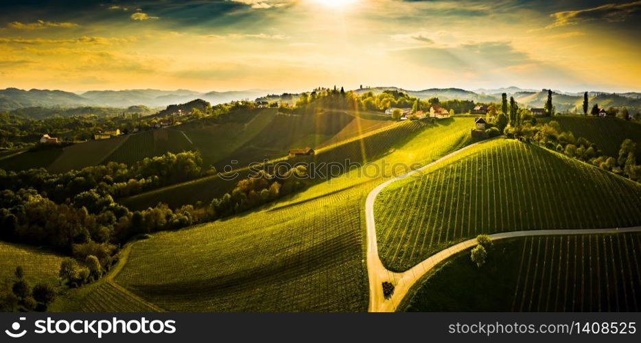 South styria vineyards aerial panorama landscape, near Gamlitz, Austria, Eckberg, Europe. Grape hills view from wine road in spring. Tourist destination, travel spot.. South styria vineyards aerial panoram landscape, Grape hills view from wine road in spring.