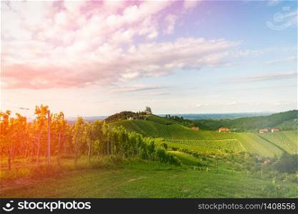 South styria vineyards landscape, Sulztal near Gamlitz, Austria. Grape hills view from wine street ( Sulztal Weinstrasse ) in summer. Tourist destination, travel spot.. Grape hills and mountains view from wine street in Styria, Austria ( Sulztal Weinstrasse ) in summer.