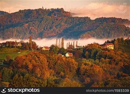 South styria vineyards landscape, Tuscany of Austria. Sunrise in autumn. Colorful trees and vieyard at top of hill with poplar trees. South styria vineyards landscape, Tuscany of Austria. Sunrise in autumn.