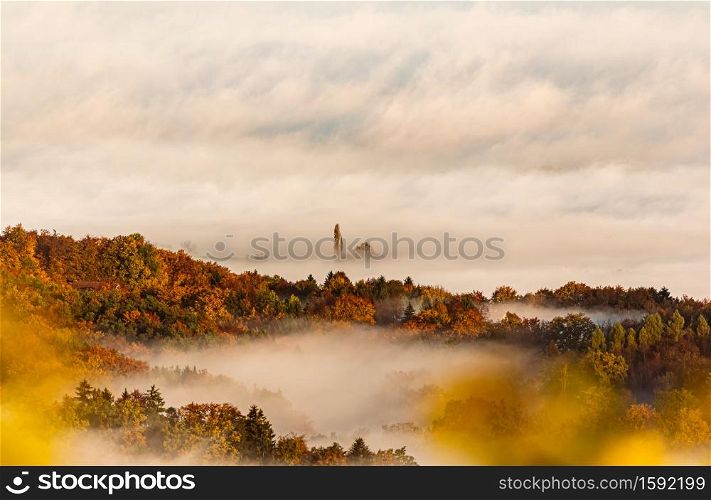 South styria vineyards landscape, Tuscany of Austria. Sunrise in autumn. fog in the morning. South styria vineyards landscape, Tuscany of Austria. Sunrise in autumn.