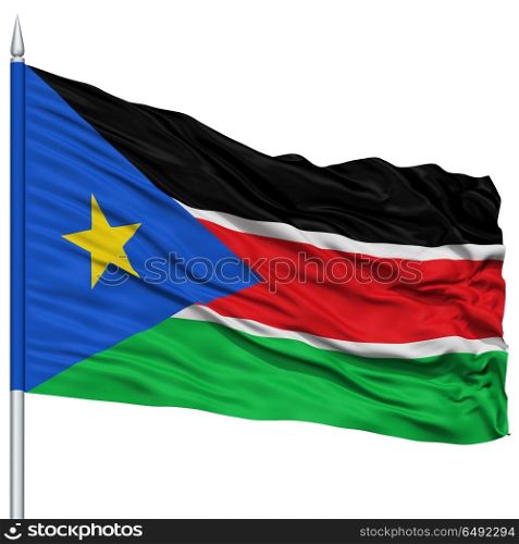 South Sudan Flag on Flagpole , Flying in the Wind, Isolated on White Background