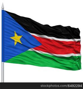 South Sudan Flag on Flagpole , Flying in the Wind, Isolated on White Background