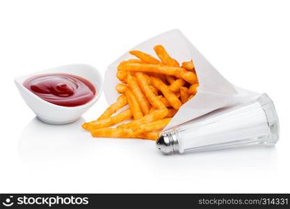 Southern french fries with ketchup and salt in paper container on white background