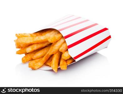 Southern french fries with paprika and salt in paper container on white background