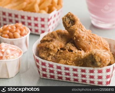 Southern Fried Chicken Coleslaw Baked Beans Fries and Strawberry Milkshake