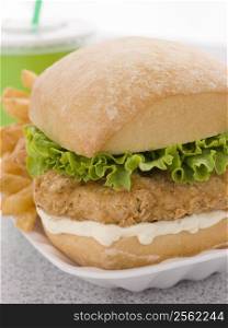 Southern Fried Chicken Fillet Burger With Fries And A Soft Drink