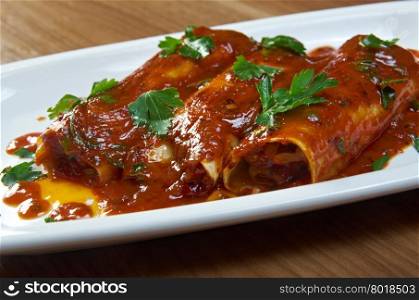 Southwest beef enchilada . corn tortilla rolled around a filling and covered with a chili pepper sauce