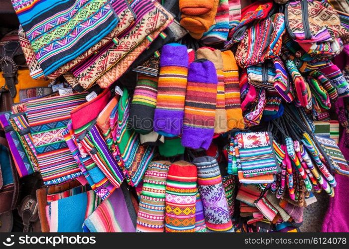 Souvenir bags in the market on Sagarnaga street in La Paz, Bolivia.