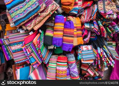 Souvenir bags in the market on Sagarnaga street in La Paz, Bolivia.