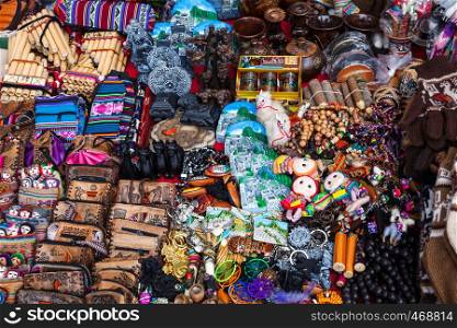 souvenirs in a street market in Peru