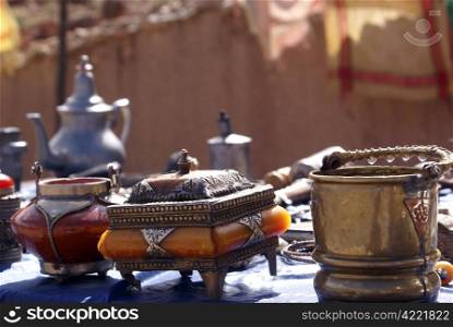 Souvenirs on the table near road in Morocco