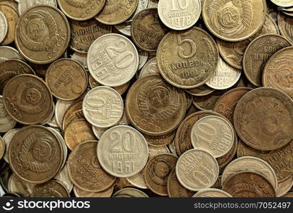 Soviet coins background. Metal money of USSR.