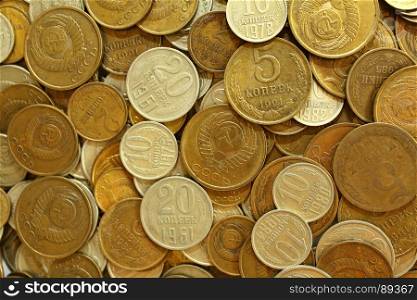 Soviet coins background. Metal money of USSR.