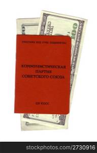 Soviet communist party membership card with dollar bills isolated