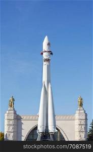 Soviet rocket Vostok in front of Space Pavilion in VDNKh (Exhibition of Achievements of the USSR National Economy), Moscow, Russia