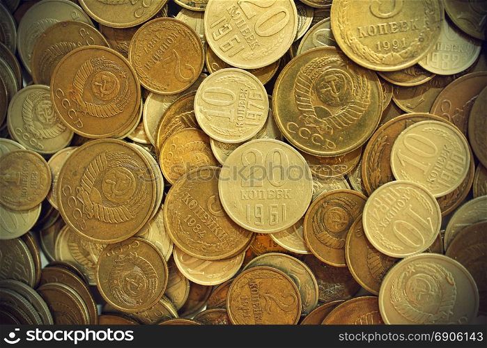 Soviet union coins background. Metal money of USSR.