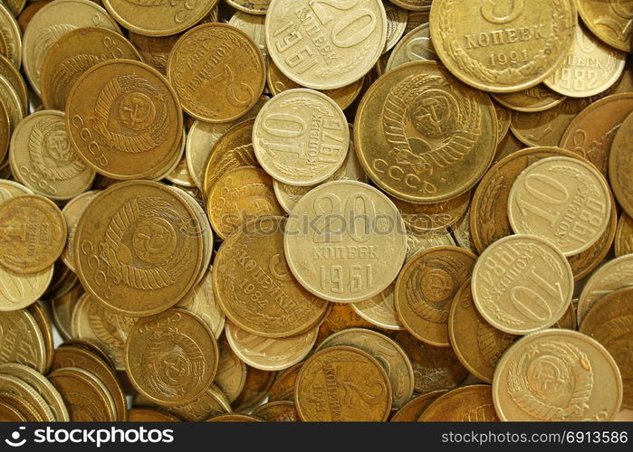 Soviet union coins background. Metal money of USSR.