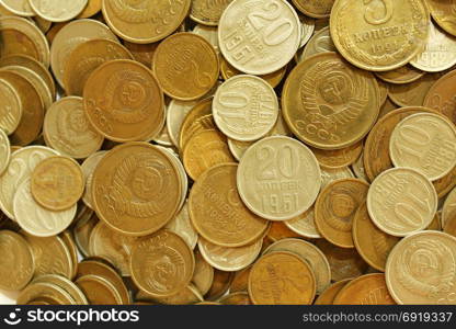 Soviet union coins background. Metal money of USSR.