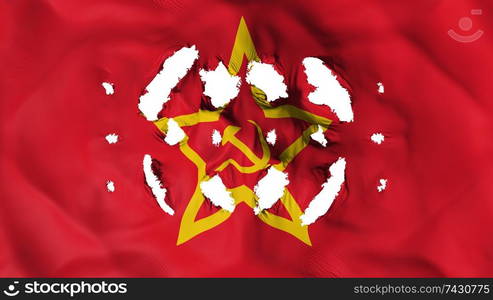 Soviet Union flag with a small holes, white background, 3d rendering. Soviet Union flag with a small holes