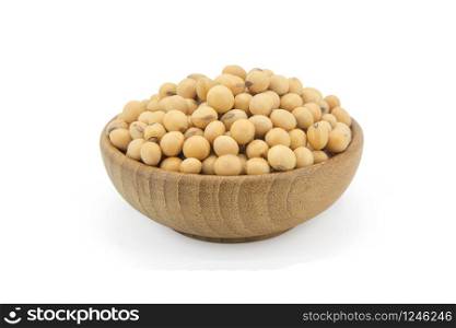 Soy beans in bowl wood isolated on white background with clupping path