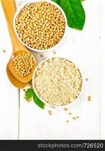 Soy flour and soybeans in two bowls, spoons and green leaves against a white wooden board from above
