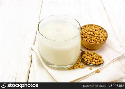 Soy milk in a glass, soybeans in a spoon and bowl on a napkin on the background of wooden boards