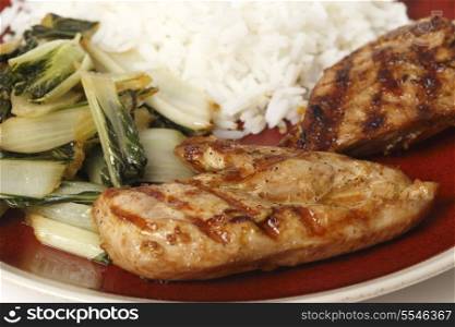 Soy sauce marinaded chicken breasts served with sauteed pak choi and Thai Jasmine rice, seen close-up