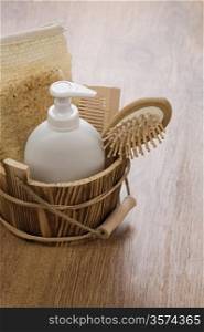 spa accessories on wooden background