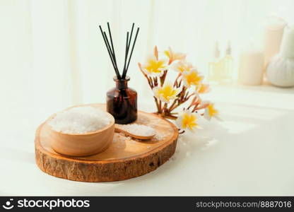 Spa accessory composition set in day spa hotel , beauty wellness center . Spa product are placed in luxury spa resort room , ready for massage therapy from professional service .. Spa accessory composition set in day spa hotel , beauty wellness center