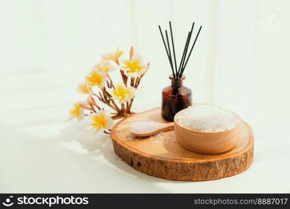 Spa accessory composition set in day spa hotel , beauty wellness center . Spa product are placed in luxury spa resort room , ready for massage therapy from professional service .. Spa accessory composition set in day spa hotel , beauty wellness center