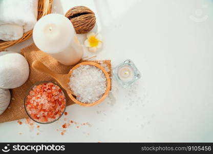 Spa accessory composition set in day spa hotel , beauty wellness center . Spa product are placed in luxury spa resort room , ready for massage therapy from professional service .. Spa accessory composition set in day spa hotel , beauty wellness center