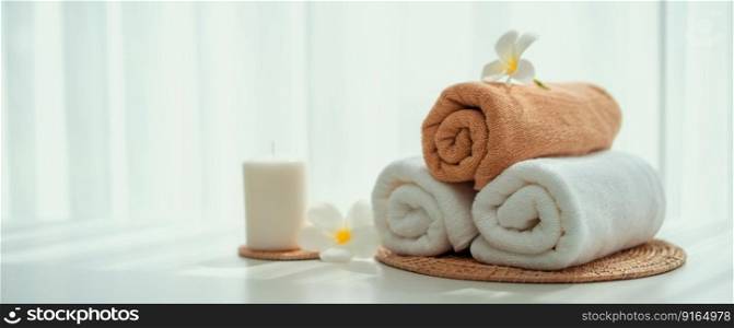Spa accessory composition set in day spa hotel , beauty wellness center . Spa product are placed in luxury spa resort room , ready for massage therapy from professional service .. Spa accessory composition set in day spa hotel , beauty wellness center
