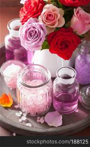 spa aromatherapy with rose flowers essential oil salt