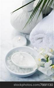 Spa background (white orchid, herbal compress stamps, sea salt, towel and massage stones)