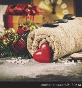 Spa composition with Christmas decoration. Holiday SPA treatment