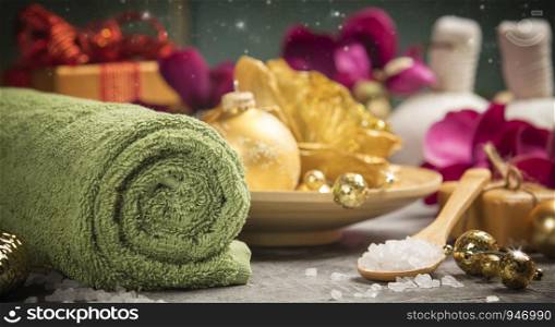Spa composition with Christmas decoration. Holiday SPA treatment. Holiday and relaxation concept