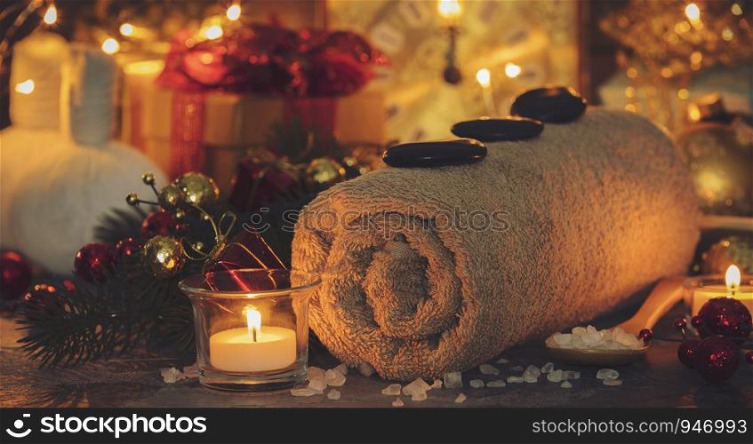 Spa composition with Christmas decoration. Holiday SPA treatment. Holiday and relaxation concept. Spa composition with Christmas decoration. Holiday SPA treatment