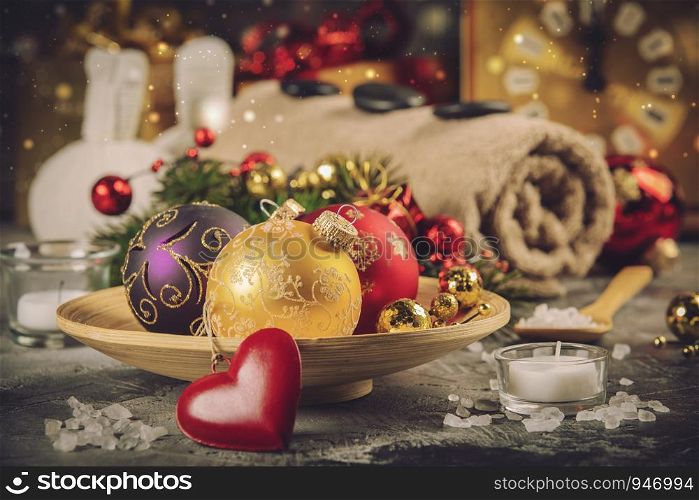 Spa composition with Christmas decoration. Holiday SPA treatment. Holiday and relaxation concept. Spa composition with Christmas decoration. Holiday SPA treatment