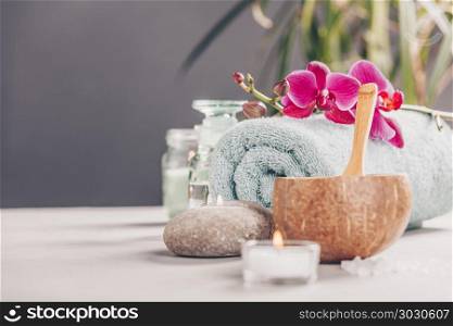 Spa Concept. Beautiful Spa Products on concrete background. Beautiful Spa Products on concrete background. Beautiful Spa Products on concrete background