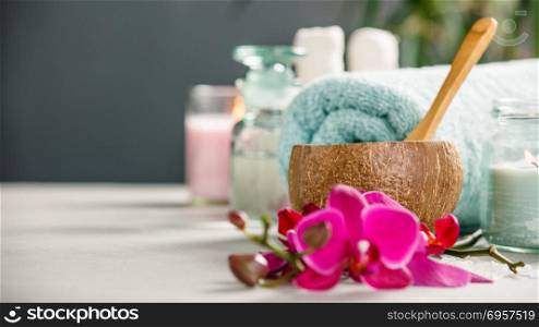 Spa Concept. Beautiful Spa Products on concrete background. Spa Concept