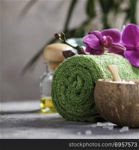 Spa Concept. Beautiful Spa Products on concrete background. Spa Concept