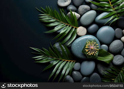 Spa concept with zen stones and tropical leaf on black background