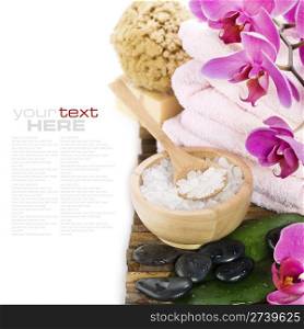 spa concept (zen stones, sea salt, towel, soap and orchid) over white with sample text