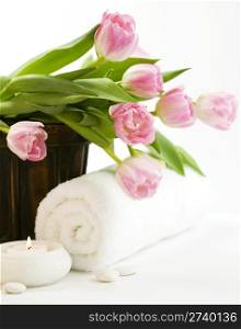 spa feeling (flowers, candle and towel). White background