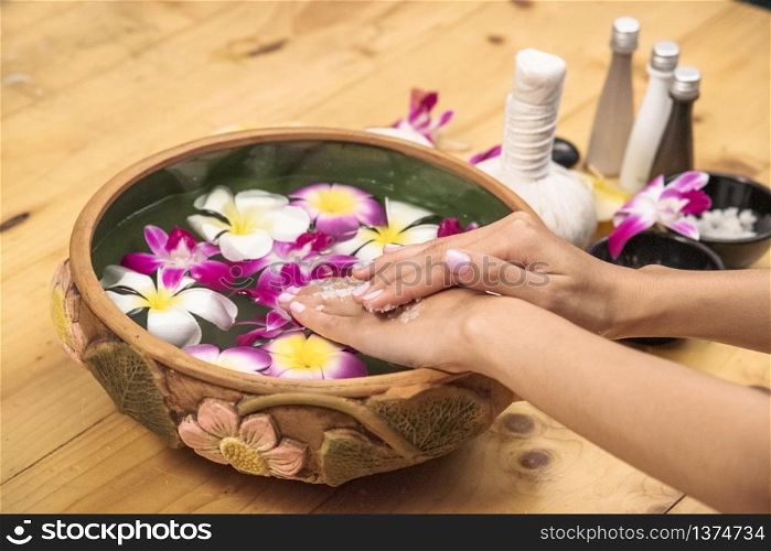Spa hand massage therapy relax treatment in spa salon. Happiness beauty skin organic massage wellness body part skincare regenerative organic oil and scrub. Spa salon therapist