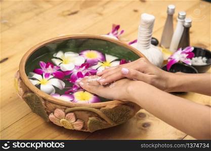 Spa hand massage therapy relax treatment in spa salon. Happiness beauty skin organic massage wellness body part skincare regenerative organic oil and scrub. Spa salon therapist