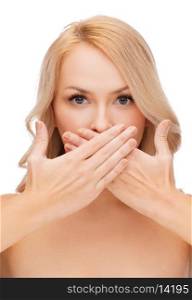 spa, health and beauty concept - beautiful woman covering her mouth