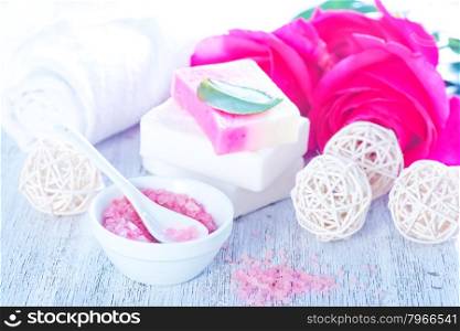 spa objects on a table, salt and soap